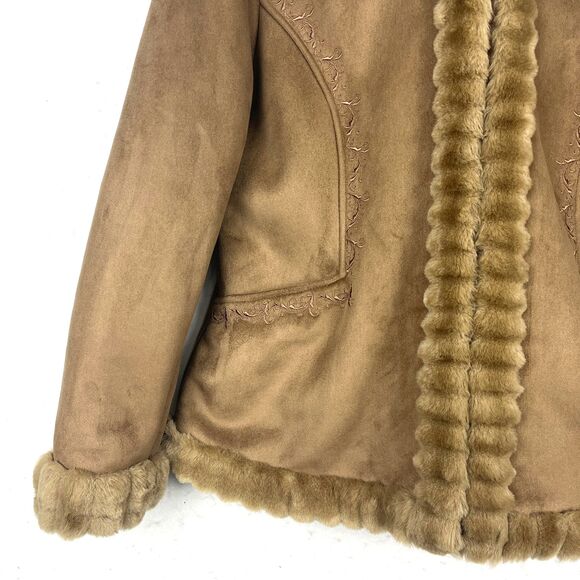 Faux Suede Jacket Womens SZ XL Faux Fur Trim Hood Embroidered Floral Soft Brown - Picture 6 of 11